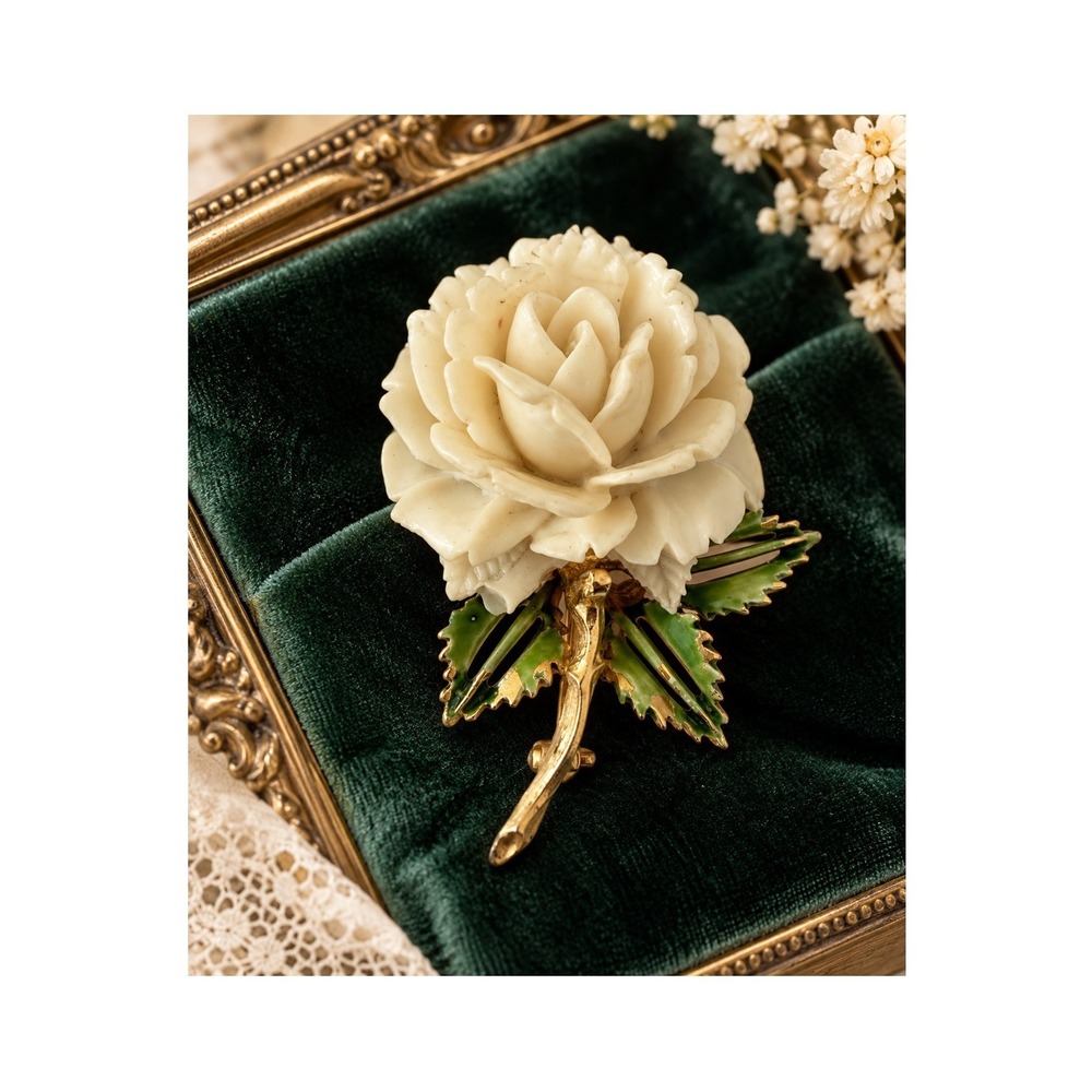 Vintage Pell Ivory Rose Green Leaf Gold Tone Floral Brooch Pin Signed